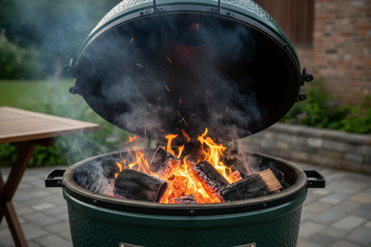 maak een brandende green egg. Met wat rookhout erop. 